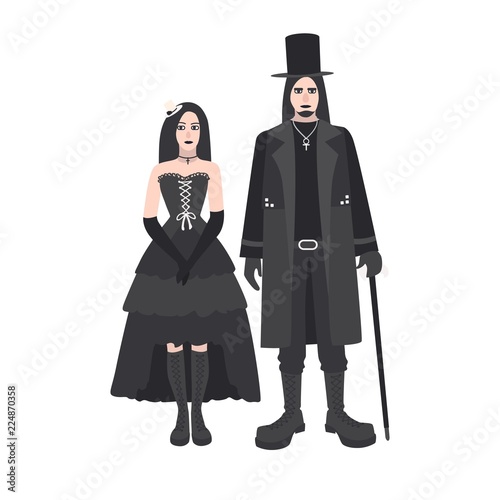 Young goth man and woman with long hair dressed in black clothing standing together. Boyfriend and girlfriend. Gothic counterculture or subculture. Colorful vector illustration in flat cartoon style.