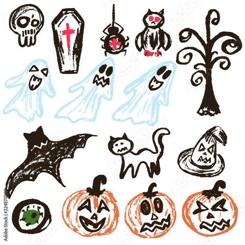 Halloween. A set of funny objects. Vector illustration. Collection of festive elements. Autumn holidays. Pumpkin, eye, coffin, tree, bat, spider, cat, witch hat, owl, skull, ghosts