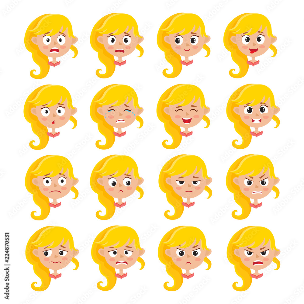 Blonde girl face expression, cartoon vector set isolated on white Blonde girl face expression, cartoon vector set isolated on white