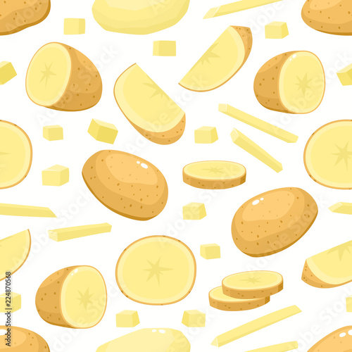 Vector seamless pattern with cartoon potato isolated on white.
