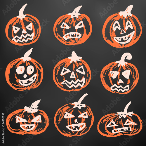 Halloween. A set of festive pumpkins. Color chalk on a blackboard. A collection of funny faces. Autumn holidays. Fun