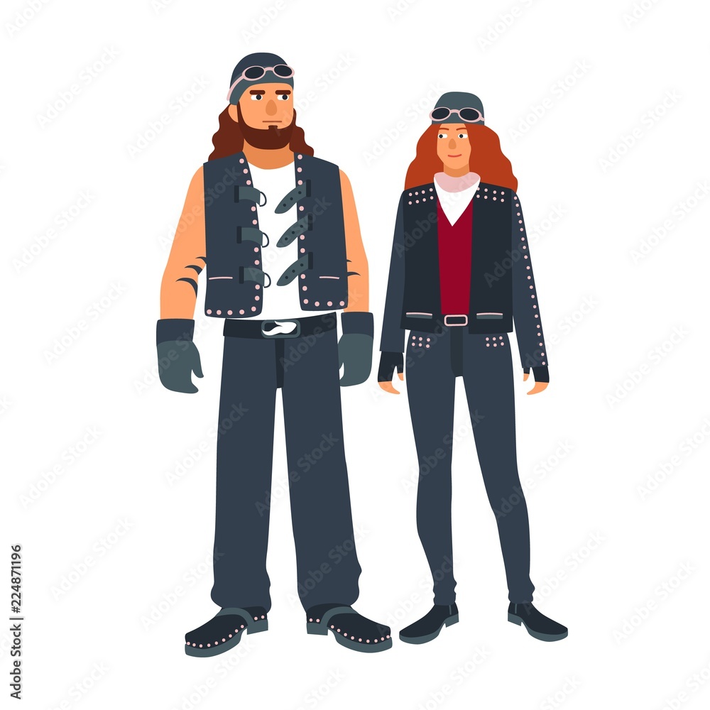 Pair of man and woman bikers dressed in black leather motorcycling clothes isolated on white background. Outlaw motorcycle club subculture. Colorful vector illustration in flat cartoon style. Pair of man and woman bikers dressed in black leather motorcycling clothes isolated on white background. Outlaw motorcycle club subculture. Colorful vector illustration in flat cartoon style.