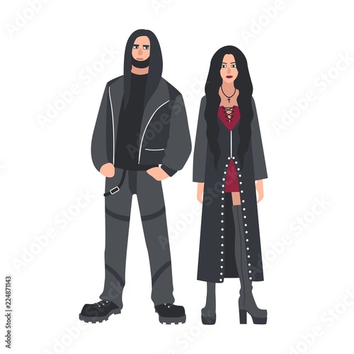 Man and woman with long loose hair dressed in black leather clothes isolated on white background. Counterculture or subculture of heavy metal music fans. Flat cartoon colorful vector illustration.