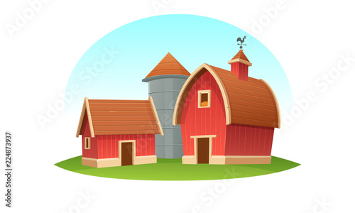 Red farm barn with grain silo, isolated. Cartoon vector illustration.