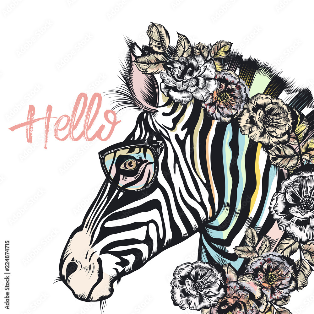Fototapeta Fashion illustration with cute zebra with roses in hipster glasses
