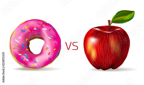 Red apple against sweet pink donut. Vegetarianism and a healthy lifestyle. Junk food vs healthy vector concept template, photo realistic illustration. fruit or confectionery, choice and decision