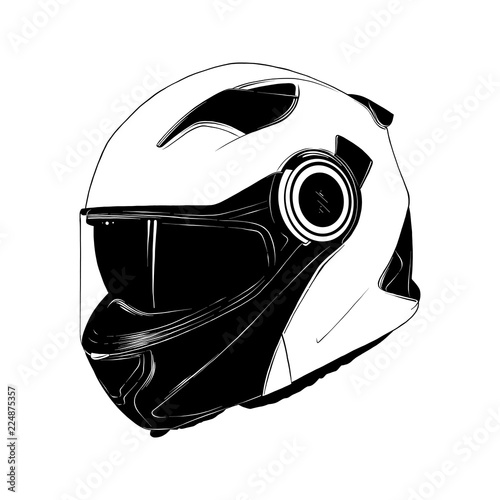 Vector engraved style illustration for posters, decoration and print. Hand drawn sketch of motorcycle helmet in black isolated on white background. Detailed vintage etching style drawing.