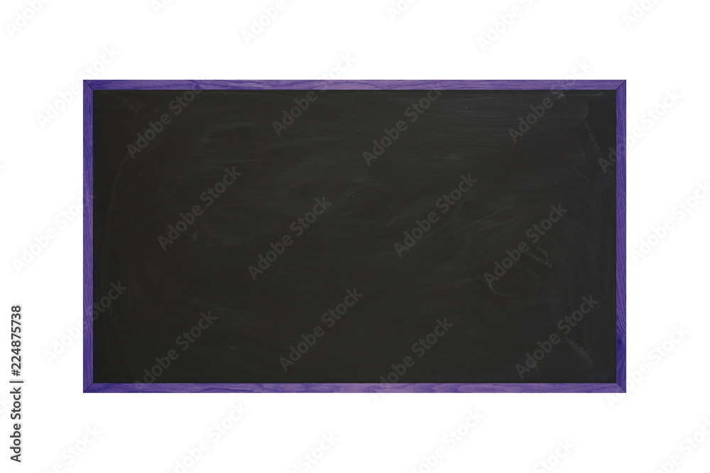 Black chalkboard with colored wooden frame on isolated white background composition Black chalkboard with colored wooden frame on isolated white background composition