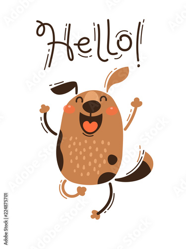 A happy dog greets you Hello. Vector illustration in cartoon style