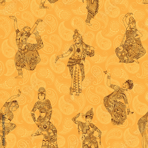 Seamless pattern. Oriental dancers on a bright background.