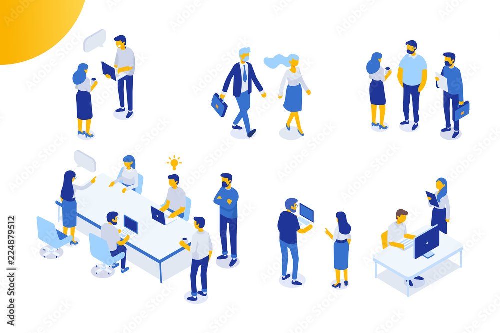 Isomeric office people vector set. Office life. Flat vector characters isolated on white background.