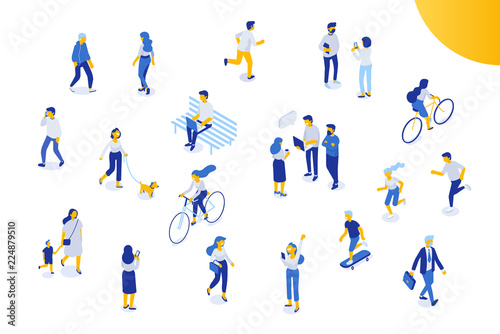 Different isomeric people vector set isolated on white. Male and female have outdoor activity in the city. Walking with dog, riding bicycle and skateboard, sitting on bench in park.