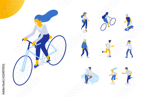 Flat isometric girl riding bicycle. Isometric cycling girl. Male and female people have outdoor activity. Flat vector characters isolated on white background.