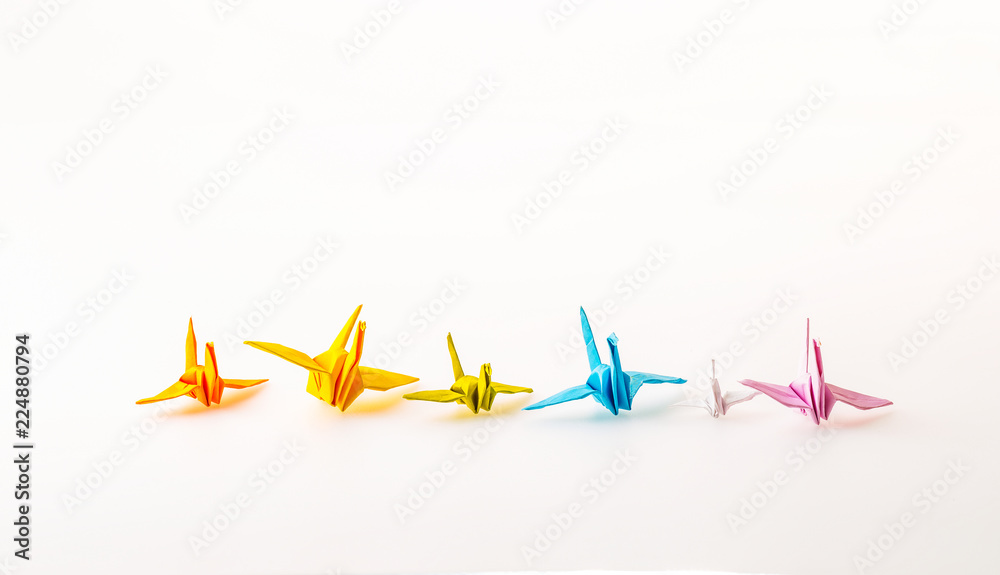 Diffirent Mini Size and Color Birds Paper, Font View Origami on White Background