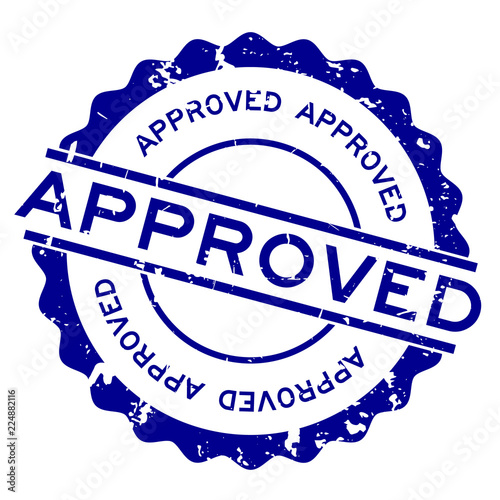 Grunge blue approved word round rubber seal stamp on white background
