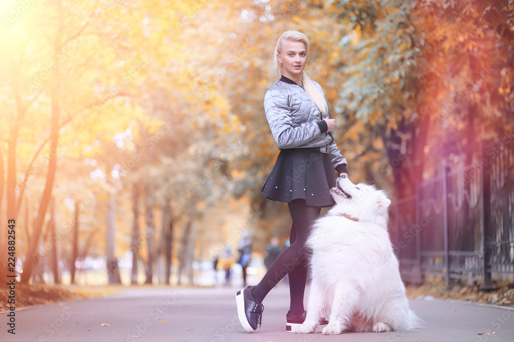 Lovely girl on a walk with a beautiful dog