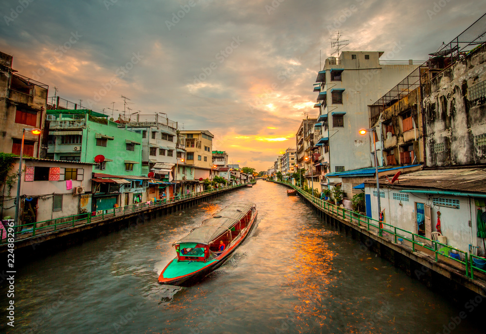 Public Boat or Water Bus go through Old Town Area in Khlong Saen Saep Canal in Bangkok, Thailand, Water Transportation