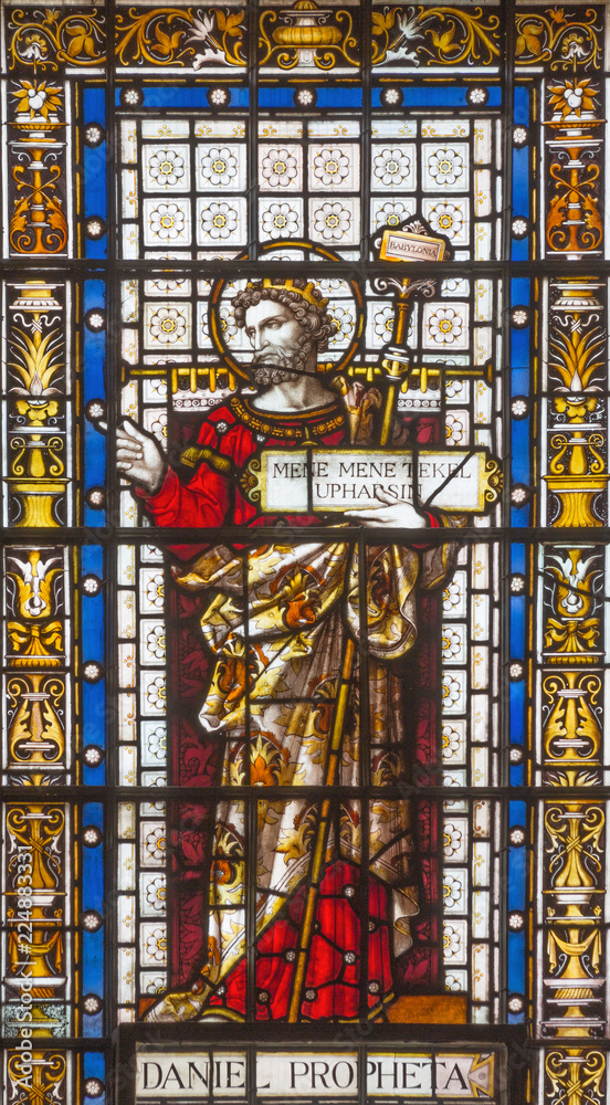 LONDON, GREAT BRITAIN - SEPTEMBER 20, 2017: The prophet Daniel on the stained glass in church St. Pancras from 19. cent.