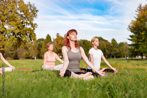 Yoga in the park, young woman doing exercises with group of mixed age people © leszekglasner