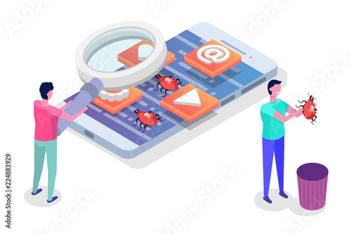 Mobile application development, testing and prototyping process isometric vector. Fpp Interface building.