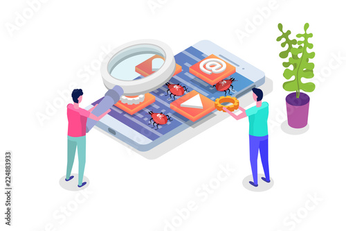 Mobile application development, testing and prototyping process isometric vector. Fpp Interface building.