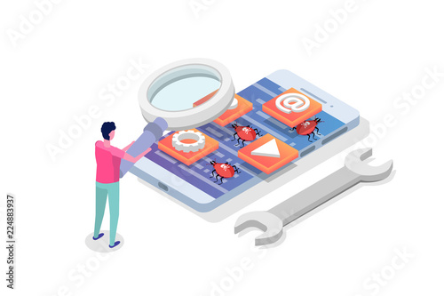 Mobile application development, testing and prototyping process isometric vector. Fpp Interface building.