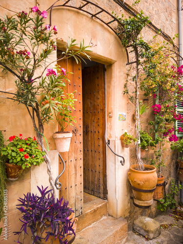 A typical Mediterranean house with a front door decoration of flower pots with colorful plants photo