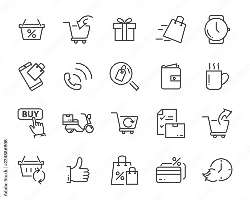 set of shopping line icons such as , delivery, shop, pay, e-commerce