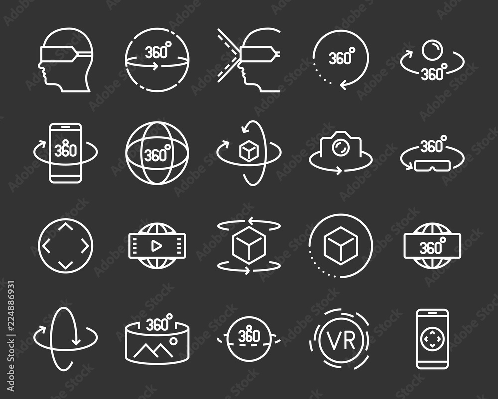 set of vr 360 degree line icons set of vr 360 degree line icons