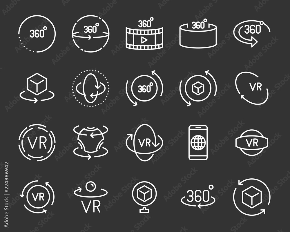 set of vr 360 degree line icons
