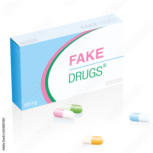 Fake drugs medicine package with colored capsules, pharmaceutical fake product. Symbolic for risk and danger of illegal produced and sold pharmaceuticals or harmful counterfeit pills.