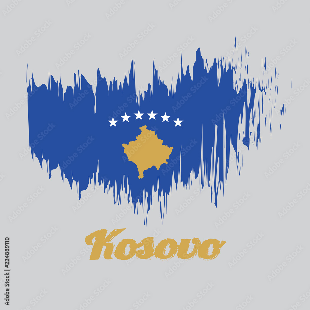 Brush style color flag of Kosovo Flag, a blue field charged with a map of Kosovo in gold, surmounted by an arc of six white star. with name text Kosovo.