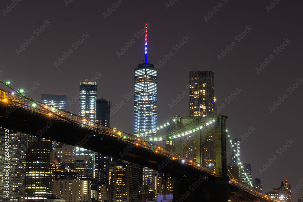 New York City Manhattan downtown skyline and Brooklyn Bridge  at night viewed from Brooklyn Bridge park