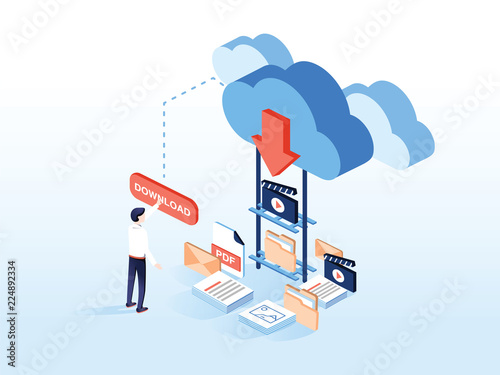 Cloud download flat isometric vector. People are downloading some content like video, music