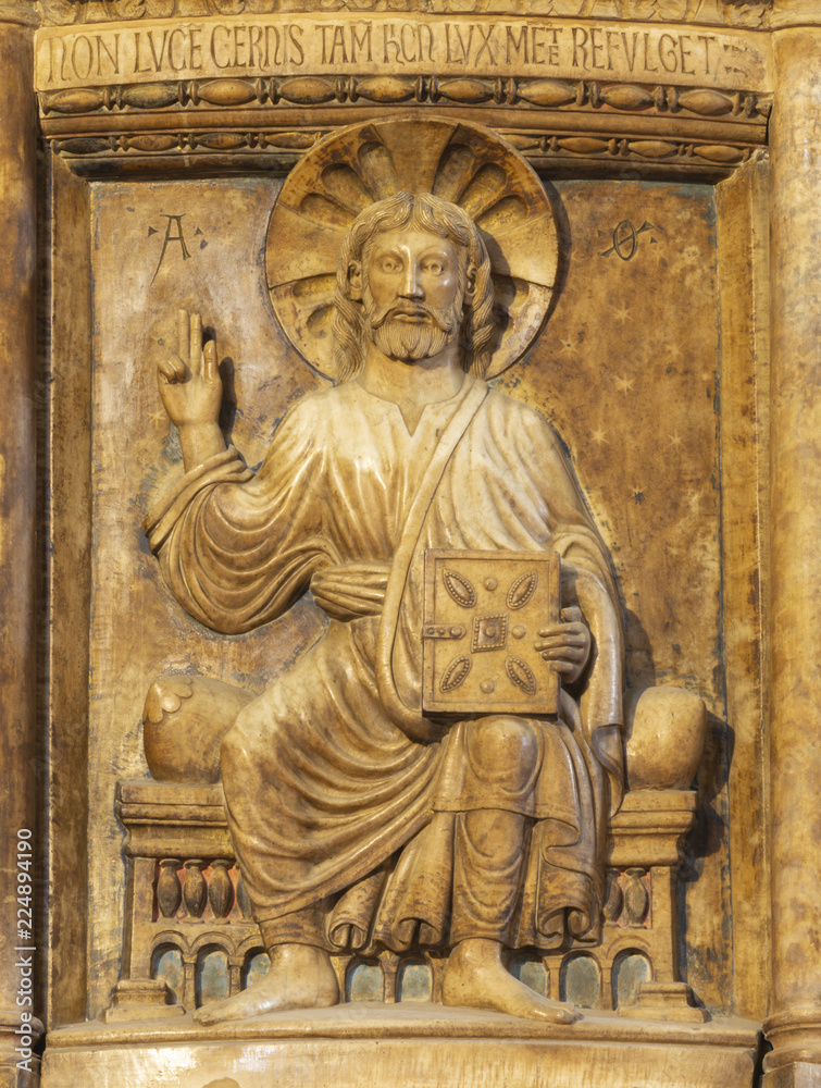 MODENA, ITALY - APRIL 14, 2018: The relief Jesus the Teacher in Duomo by Anselmo da Campione (1165-1225).