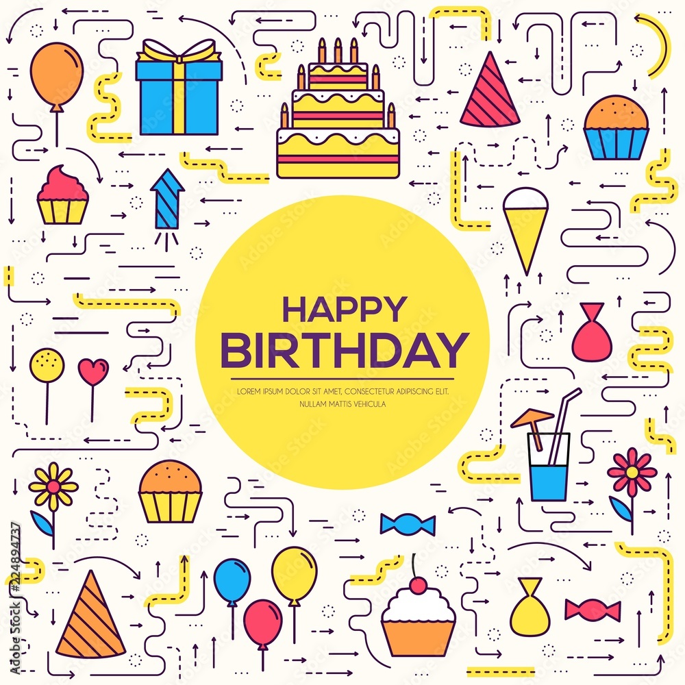 happy birthday set infographics template concept. Icons for your product or design, web and mobile applications. Vector flat with long shadow illustration on blue background