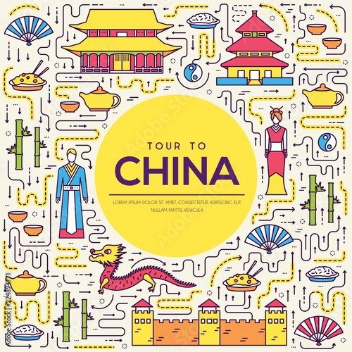 Country China travel vacation guide of goods, place and feature. Set of architecture, fashion, people, item, nature background concept. Infographic traditional ethnic flat, outline, thin line icon