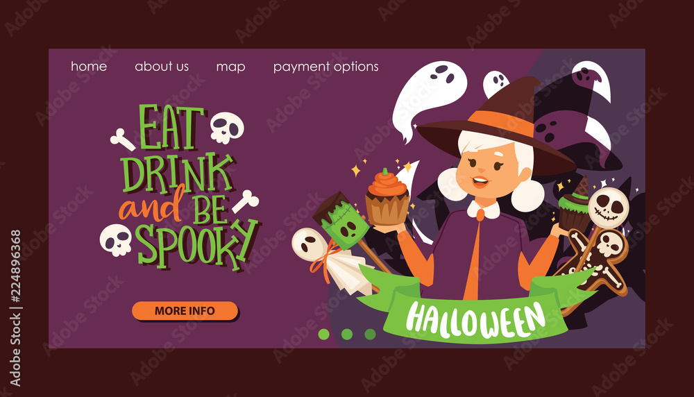 Fototapeta premium Cute little Halloween girl witchs with broom cartoon set of happy Halloween greeting invintation poster card party design print magic card fantasy young character costume hat vector illustration