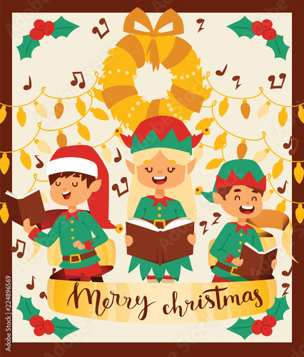 Santa Claus elf kids helpers vector illustration children celebrate Cristmas party. Santa helpers in traditional costume Xmas 2019 background. Elf christmas kids