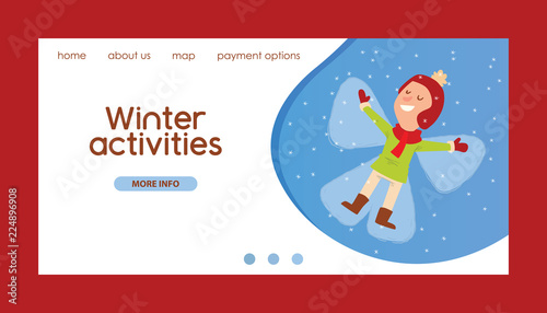 Christmas kid lies on the snow in the pose of an angel playing winter games girl dresses up Christmas boy cartoon New Year website horisontal banner winter holidays background