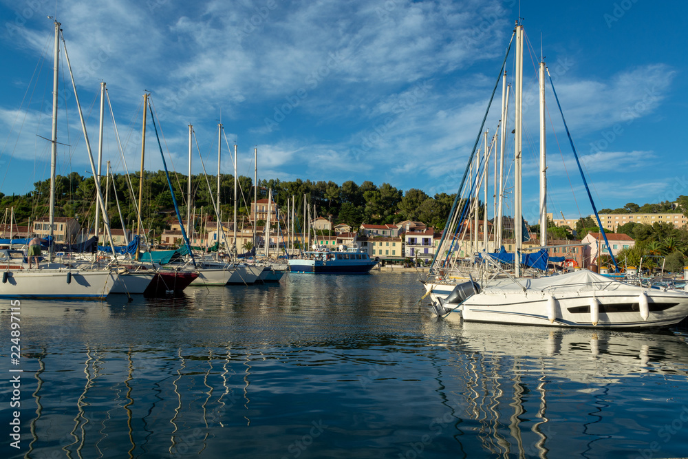 Obraz premium August 13, 2018, small fishermans and yacht haven, marina in Saint-Mandrier-sur-Mer, Provence, France