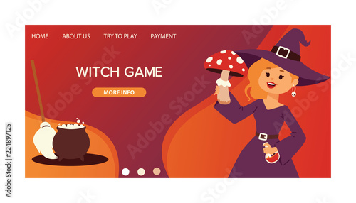 Cute little Halloween girl witch with amaita mushroom cartoon happy Halloween greeting invintation poster card party design print magic card fantasy young character broom girl vector illustration