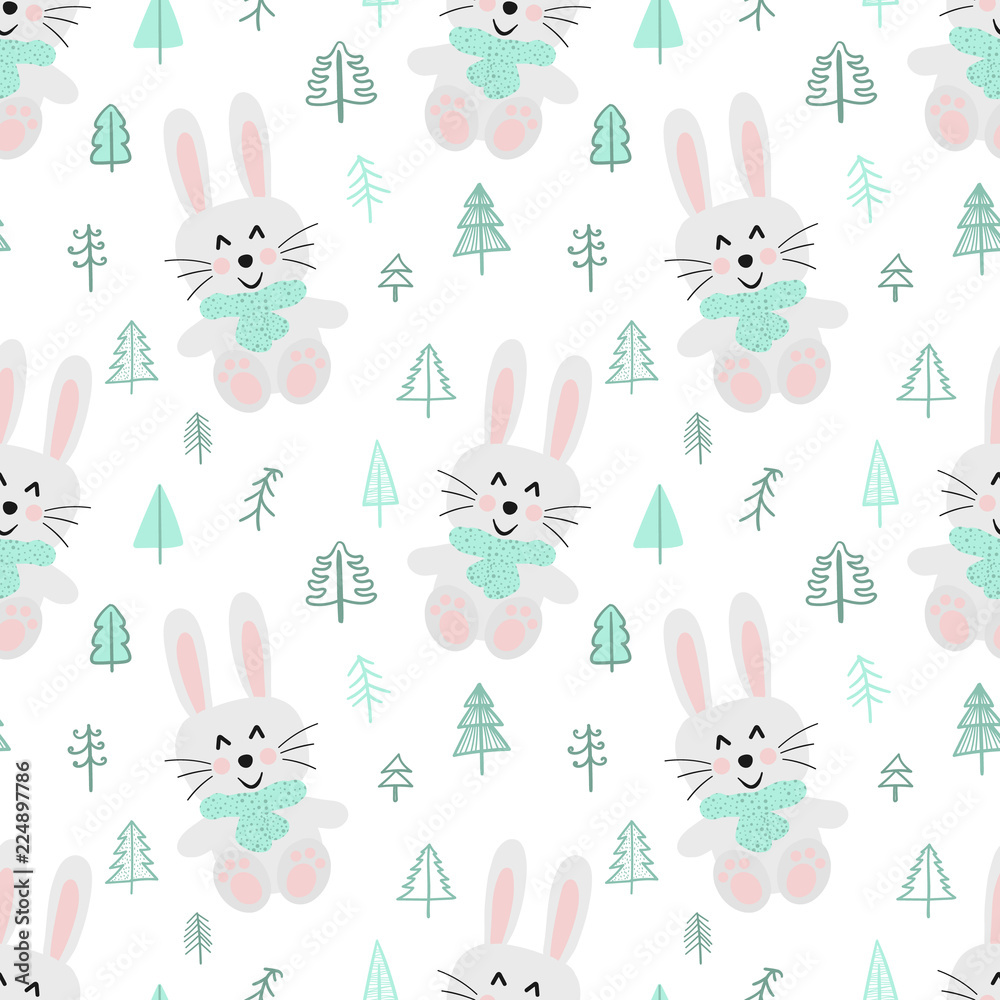 Seamless pattern for the New Year. Vector hand-drawn illustration of a cute hare bear in a scarf and Christmas trees. Seamless pattern for the New Year. Vector hand-drawn illustration of a cute hare bear in a scarf and Christmas trees.