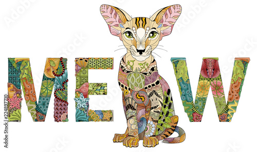 Word MEOW with a drawing of a cat. Vector zentangle object for decoration