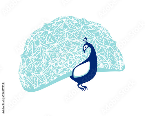 Peacock bird with patterned tail. Flat illustration