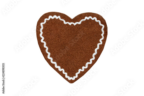 textile Gingerbread heart shape valentines day gift with copy space on white isolated background.