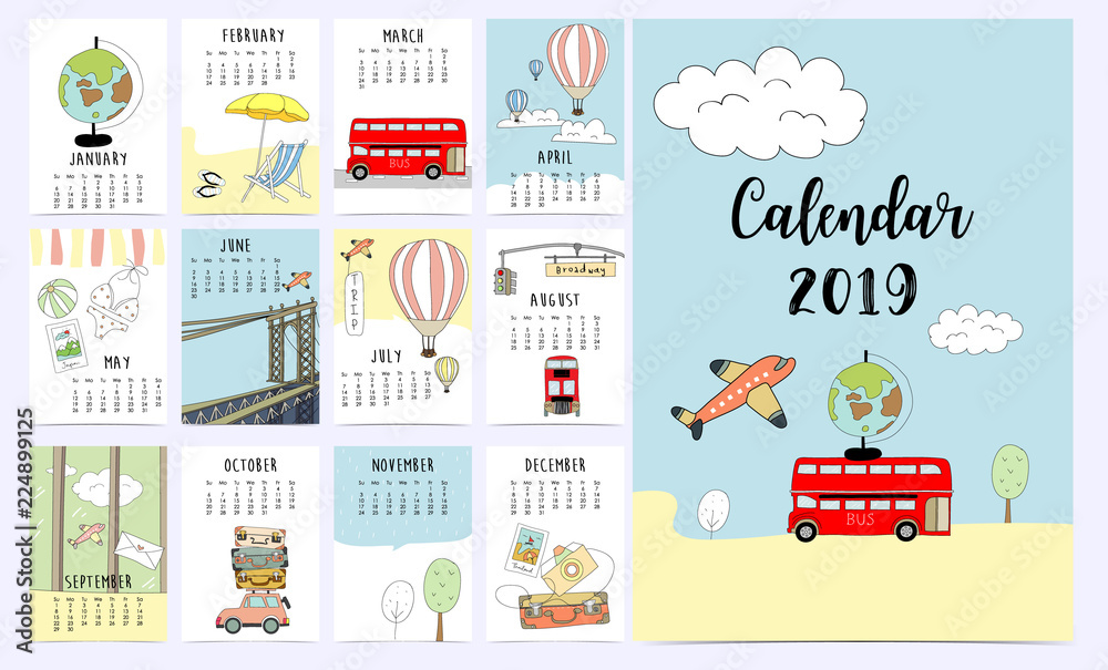 Travel monthly calendar 2019 with van,sun,suitcase,sea,beach,watermelon,ice cream,rainbow glasses,cactus and flamingo