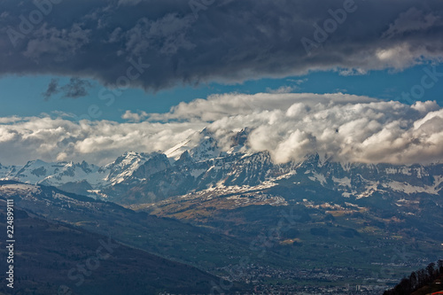 Gaflei  Vaduz  Liechtenstein - storm over Rhine valley from Gaflei panorama tower with cloudy Apenzell Alps in Switzerland