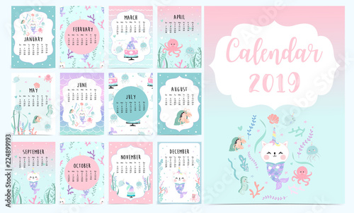 Cute monthly calendar 2019 with mermaid caticorn squid coral and sea horse
