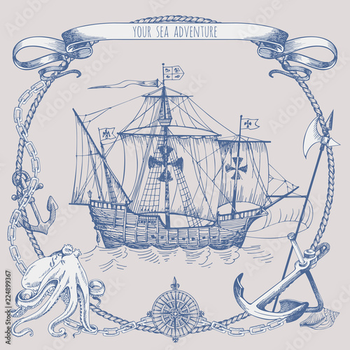 Happy Columbus Day Illustration. Hand Drawn Columbus ship. Vintage border frame.